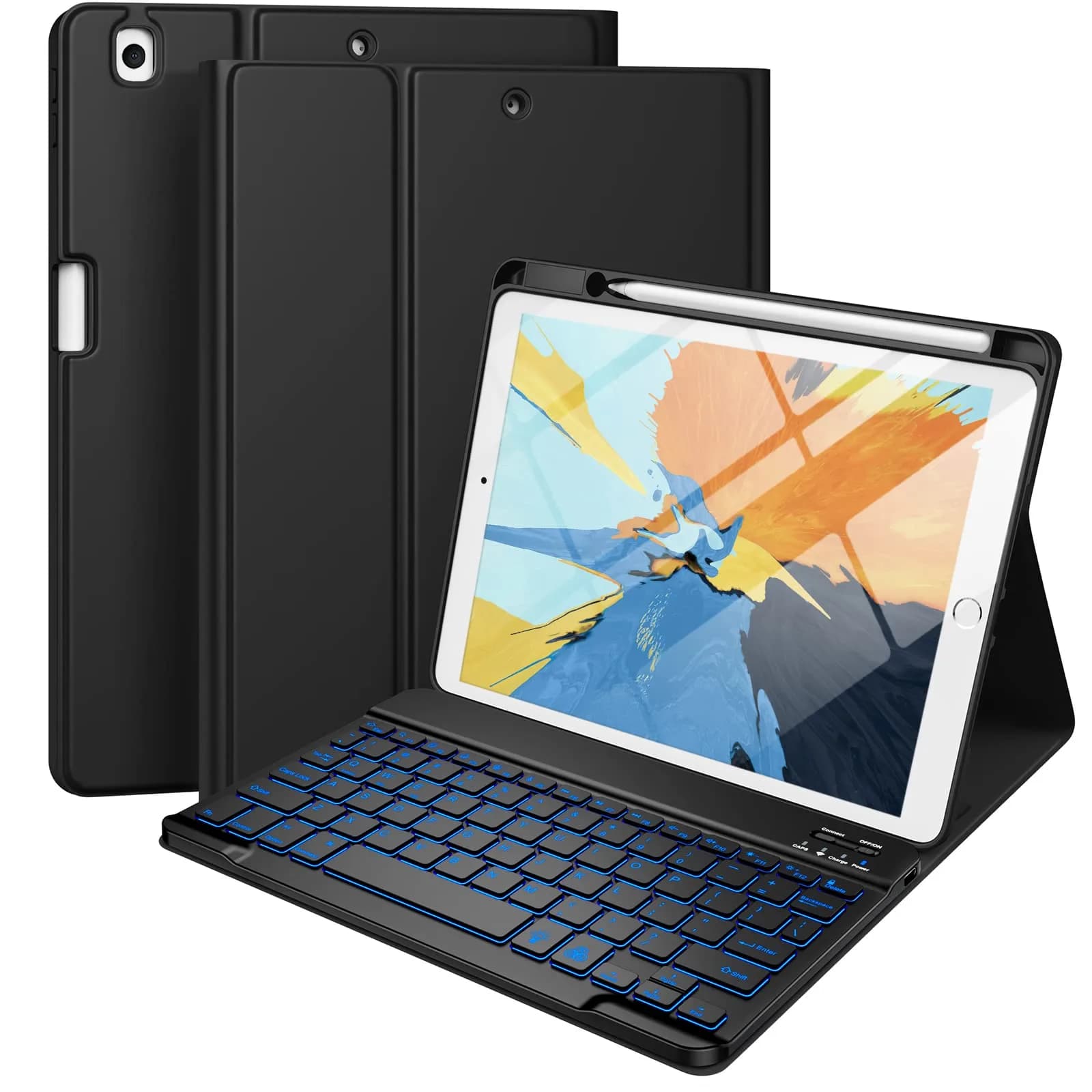 Hamile Wireless Keyboard Case for iPad 9/8/7th Gen 10.2" & Air 3/Pro 10.5" | 7 Color Backlit, Detachable Folio with Pencil Holder