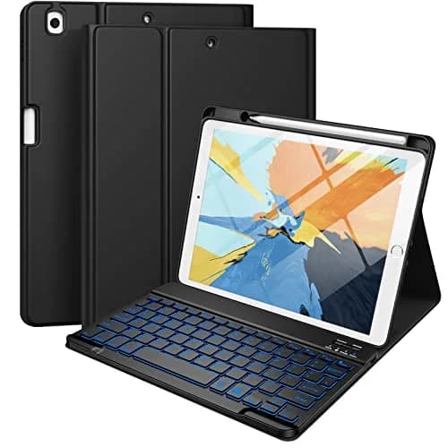 Hamile Wireless Keyboard Case for iPad 9/8/7th Gen 10.2" & Air 3/Pro 10.5" | 7 Color Backlit, Detachable Folio with Pencil Holder thumbnail 1