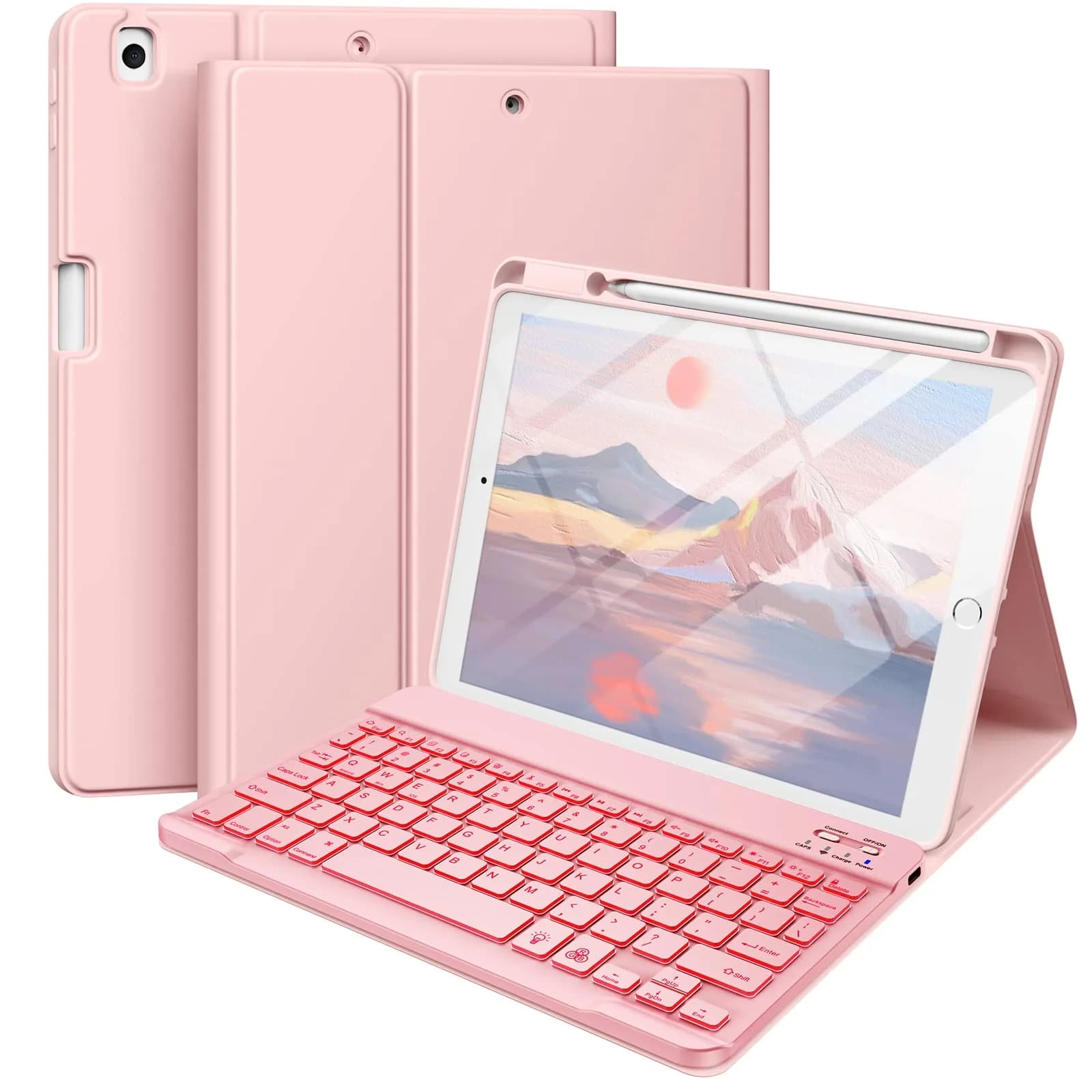 Hamile Pink Backlit Keyboard Case for iPad 9/8/7th Gen 10.2" & Air 3/Pro 10.5" | Detachable Wireless Folio with Pencil Holder - main product image