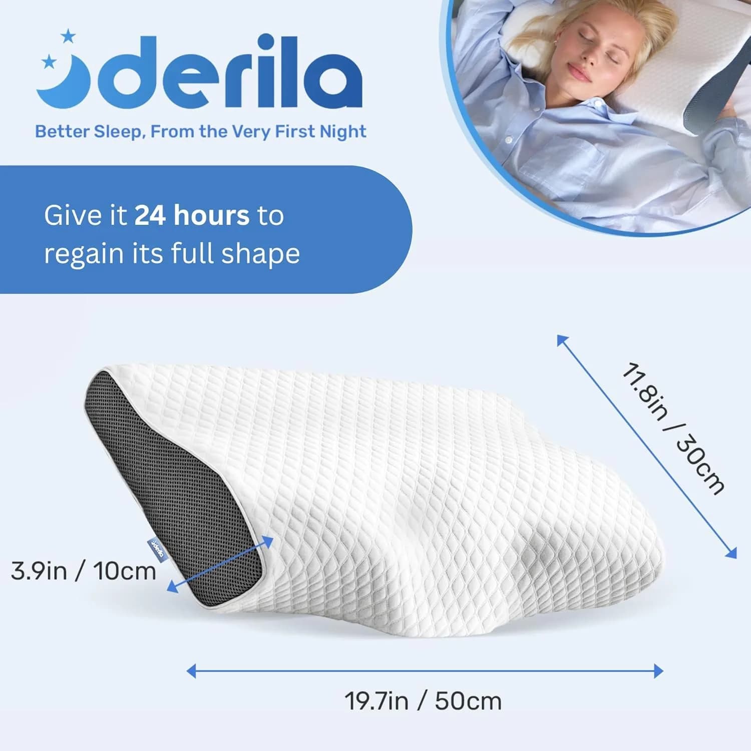 Derila Cervical Neck Pillow for Sleeping, Memory Foam 50cm (19.7") | Supports Neck & Spine - view 2