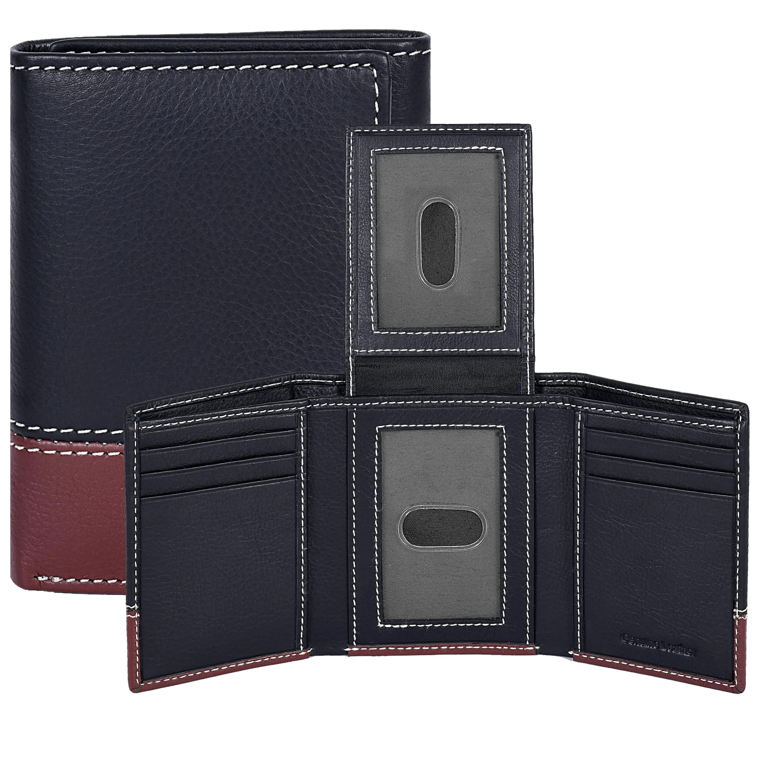 Oak Leathers Black/Cognac Trifold Wallet RFID Blocking Slim with ID Window - main product image