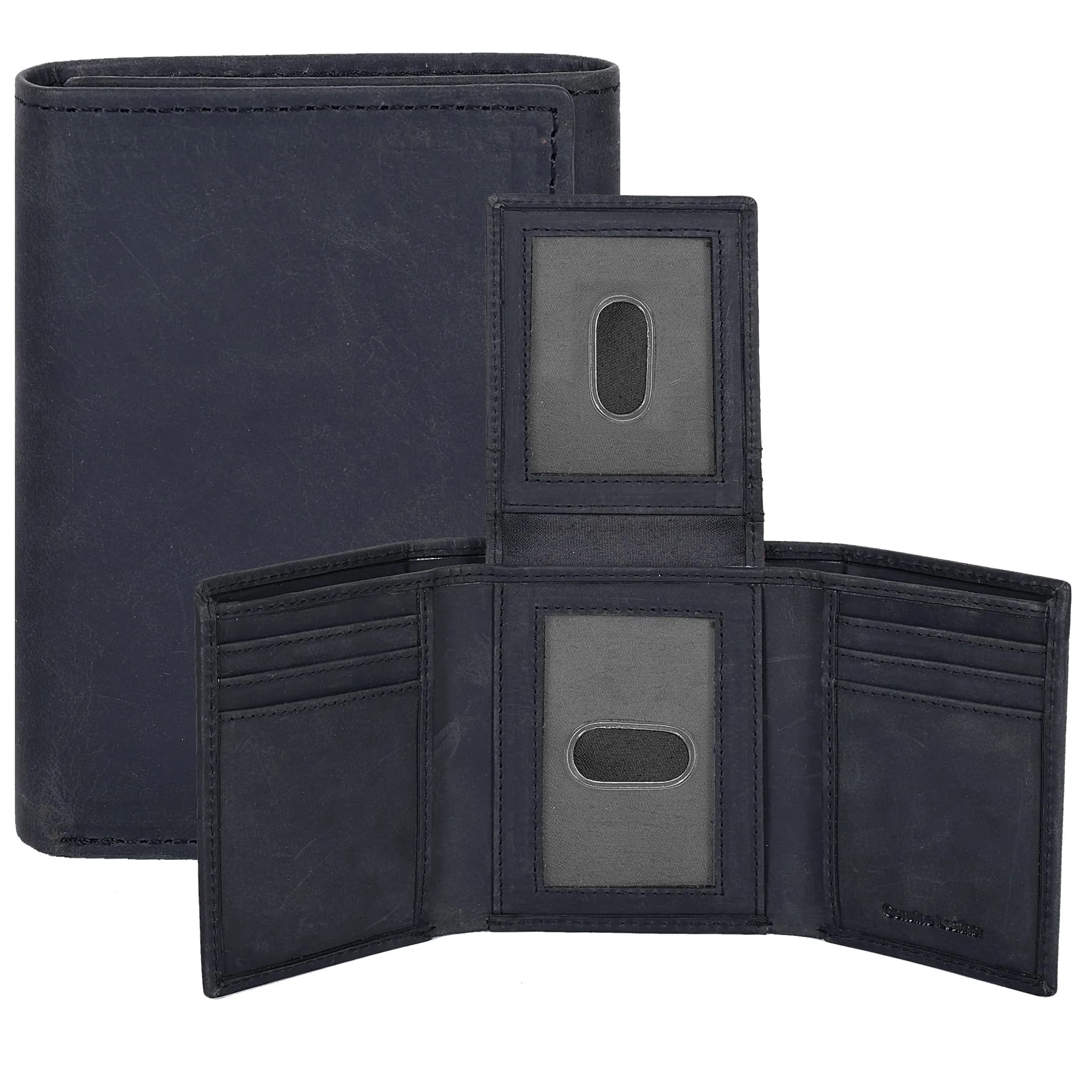 Oak Leathers Vintage Black Trifold RFID Blocking Slim Wallet with ID Window
