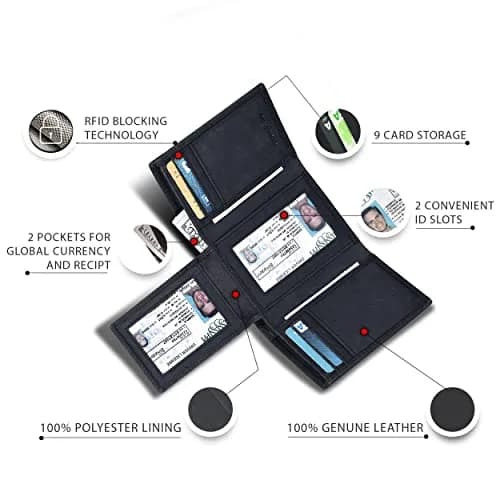 Oak Leathers Vintage Black Trifold RFID Blocking Slim Wallet with ID Window thumbnail 2