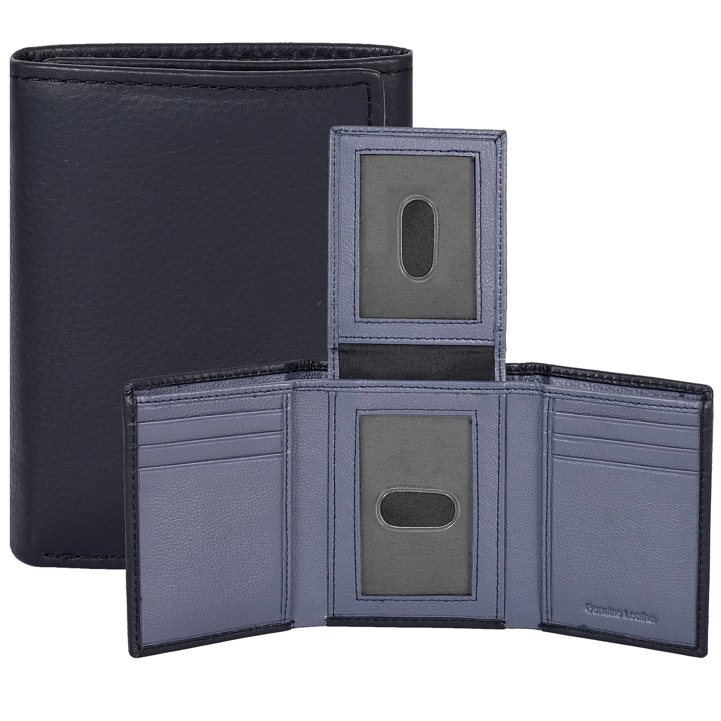 Oak Leathers Black/Navy Slide Trifold Wallet RFID Blocking Slim with ID Window - main product image
