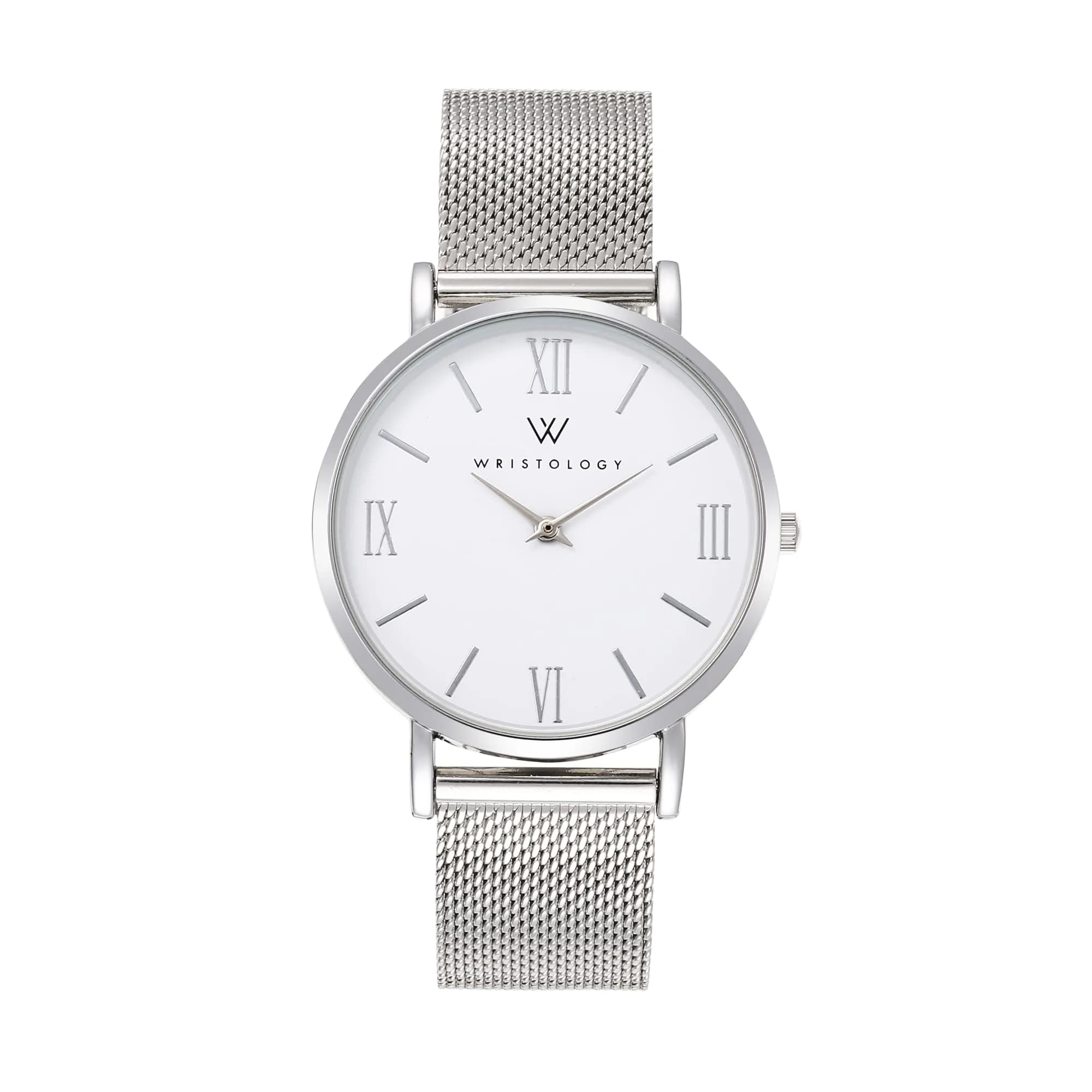 WRISTOLOGY Large face Roman Numerals Women's Watch 38mm | Easy Change Band, Silver — Silver Metal Mesh