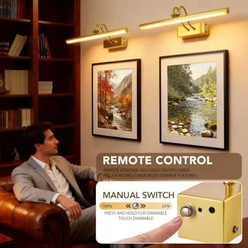 RAIFOOLLY Wireless Picture Light 16 inch (40.64 cm) Plated Gold | Rechargeable LED Art Light with Remote thumbnail 5