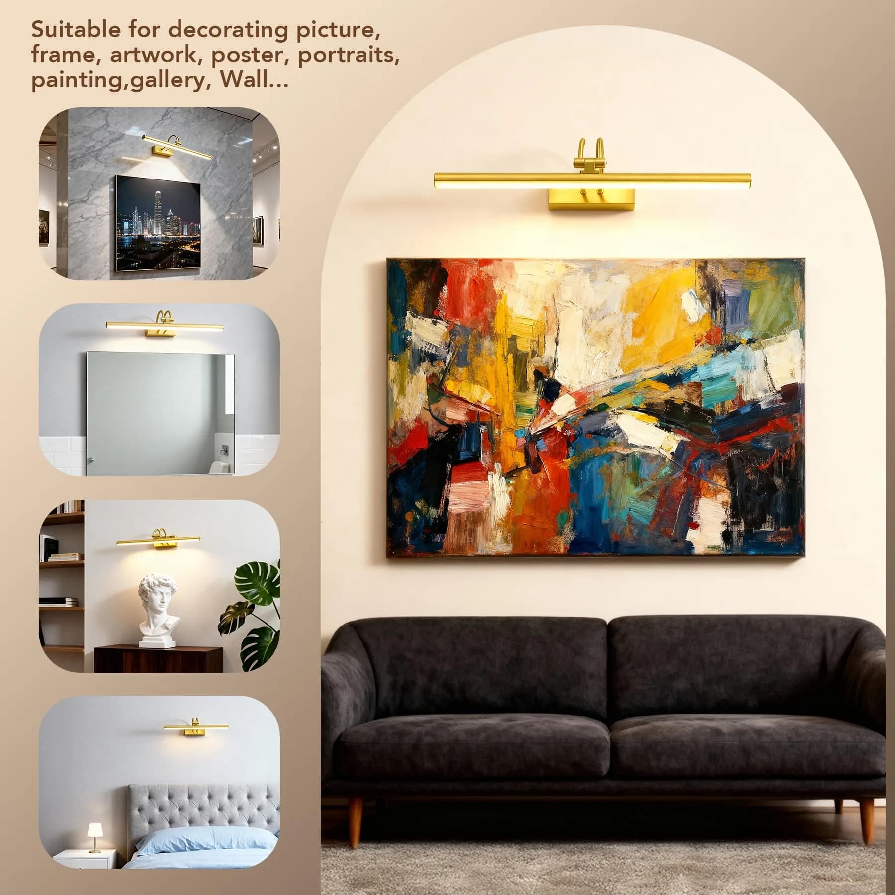 RAIFOOLLY Wireless Picture Light 16 inch (40.64 cm) Plated Gold | Rechargeable LED Art Light with Remote - view 3