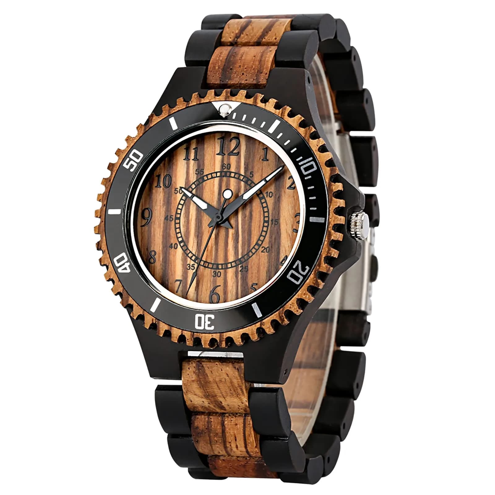 Realpoo Wooden Quartz Watch for Men | Zebra Pattern, Foldover Clasp, 47mm Diameter