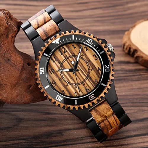 Realpoo Wooden Quartz Watch for Men | Zebra Pattern, Foldover Clasp, 47mm Diameter thumbnail 4