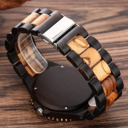 Realpoo Wooden Quartz Watch for Men | Zebra Pattern, Foldover Clasp, 47mm Diameter thumbnail 5