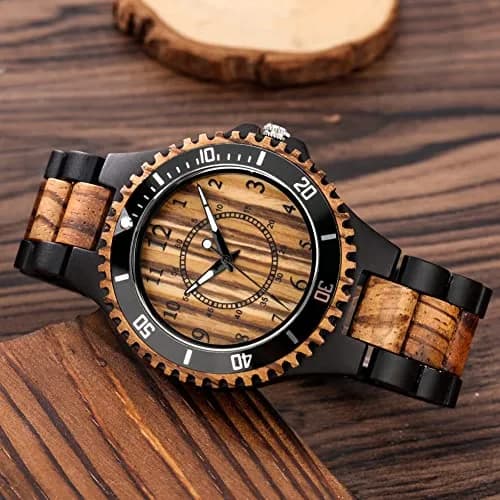 Realpoo Wooden Quartz Watch for Men | Zebra Pattern, Foldover Clasp, 47mm Diameter thumbnail 6