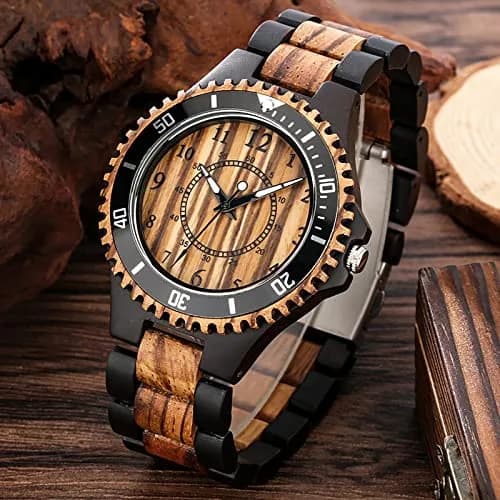 Realpoo Wooden Quartz Watch for Men | Zebra Pattern, Foldover Clasp, 47mm Diameter thumbnail 3