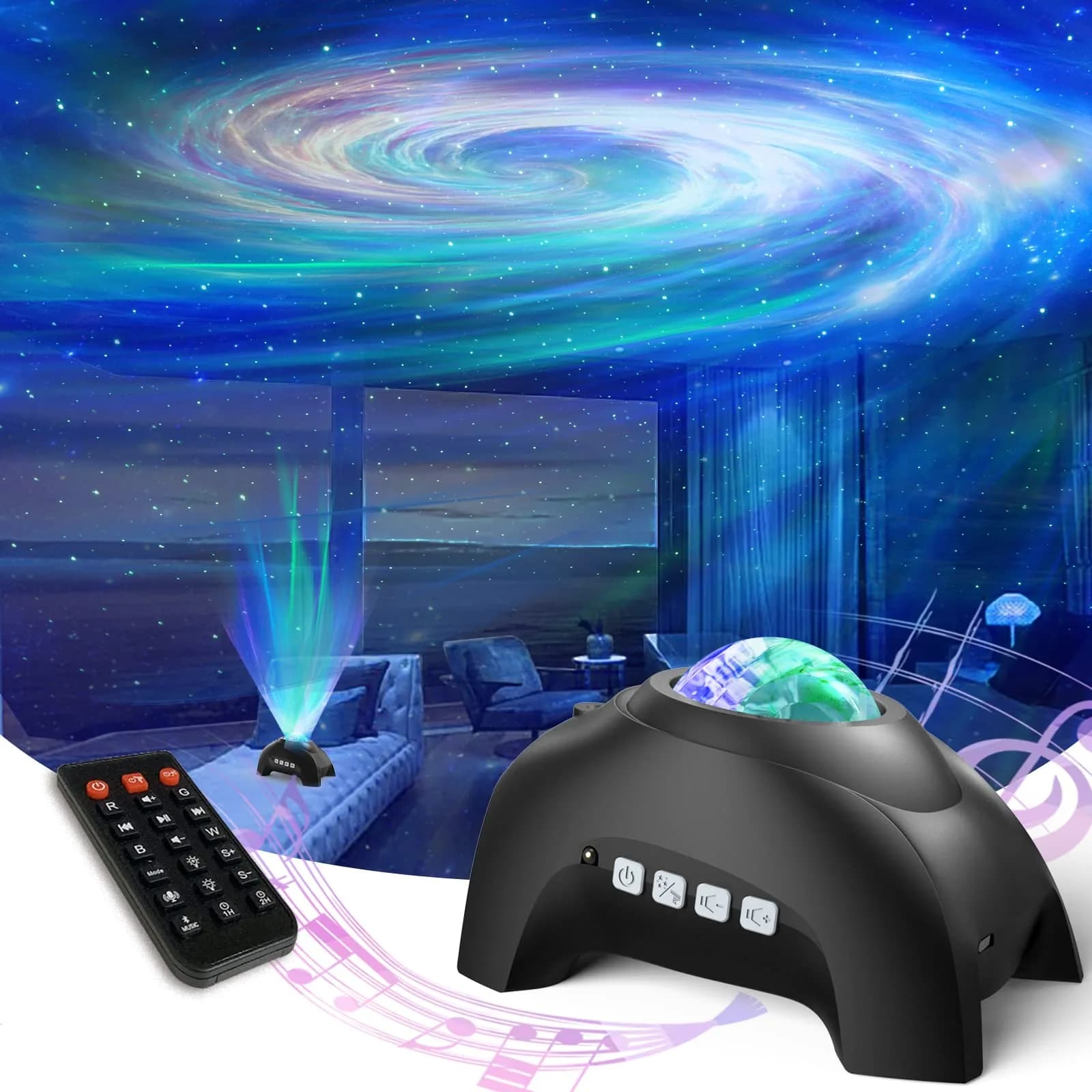 AIRIVO Galaxy Star Projector | 3-in-1 Night Light, Music & White Noise | Bedroom & Party Decor — Black-Galaxy