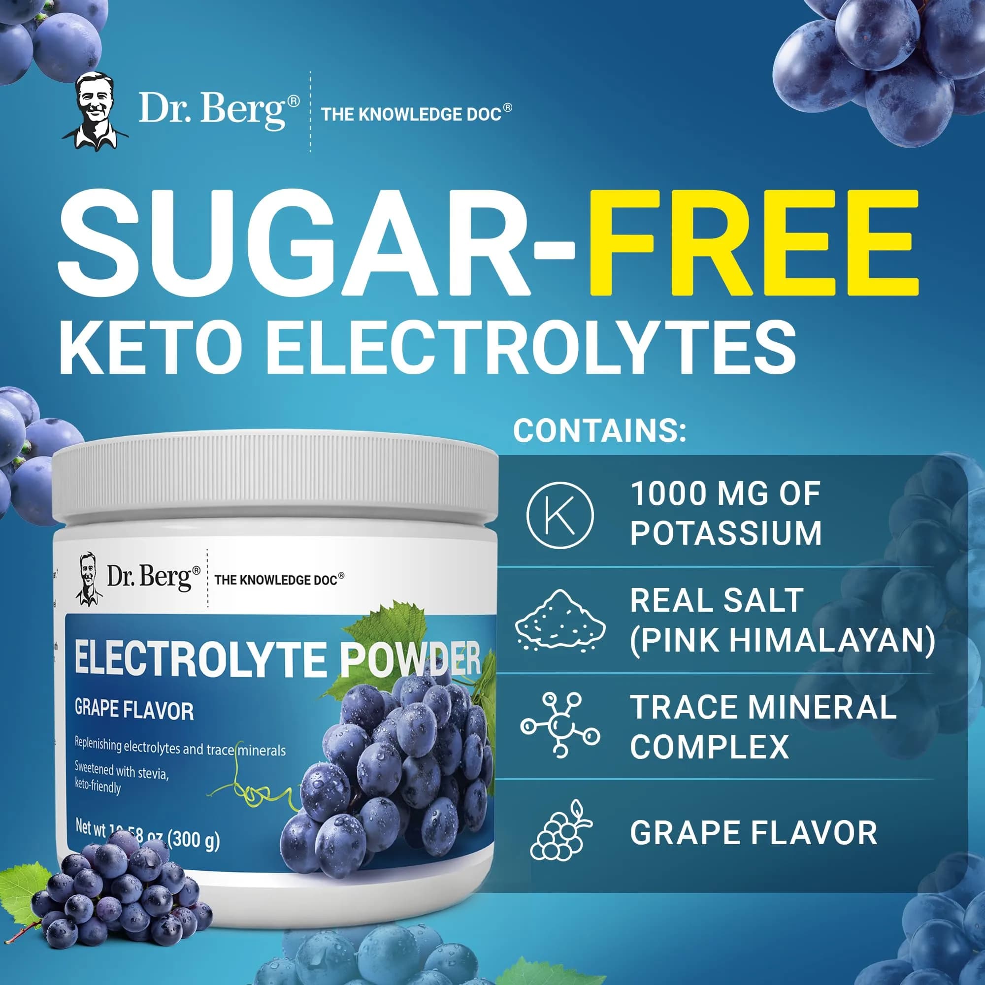 Dr. Berg Nutritionals Zero Sugar Hydration Keto Electrolyte Powder | 1000 mg Potassium & Pink Himalayan Salt (304g/10.55oz) - view 7