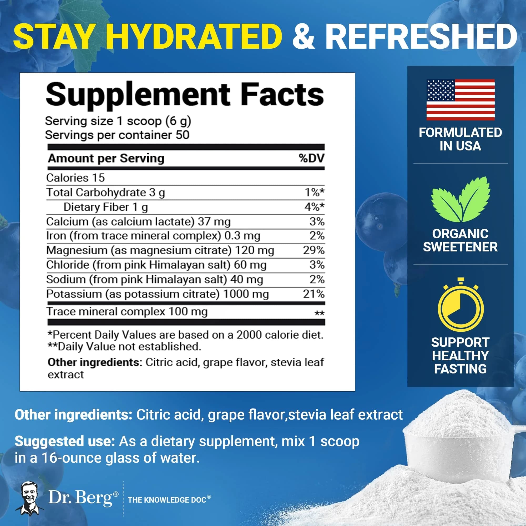 Dr. Berg Nutritionals Zero Sugar Hydration Keto Electrolyte Powder | 1000 mg Potassium & Pink Himalayan Salt (304g/10.55oz) - view 3