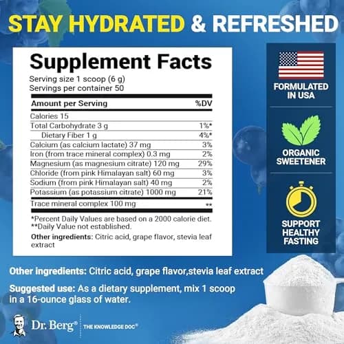 Dr. Berg Nutritionals Zero Sugar Hydration Keto Electrolyte Powder | 1000 mg Potassium & Pink Himalayan Salt (304g/10.55oz) thumbnail 3