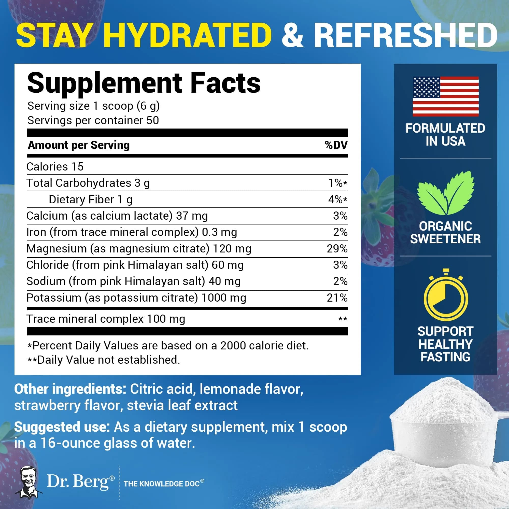 Dr. Berg Strawberry Lemonade Keto Electrolyte Powder - 50 Servings, Zero Sugar, 1000mg Potassium - view 2