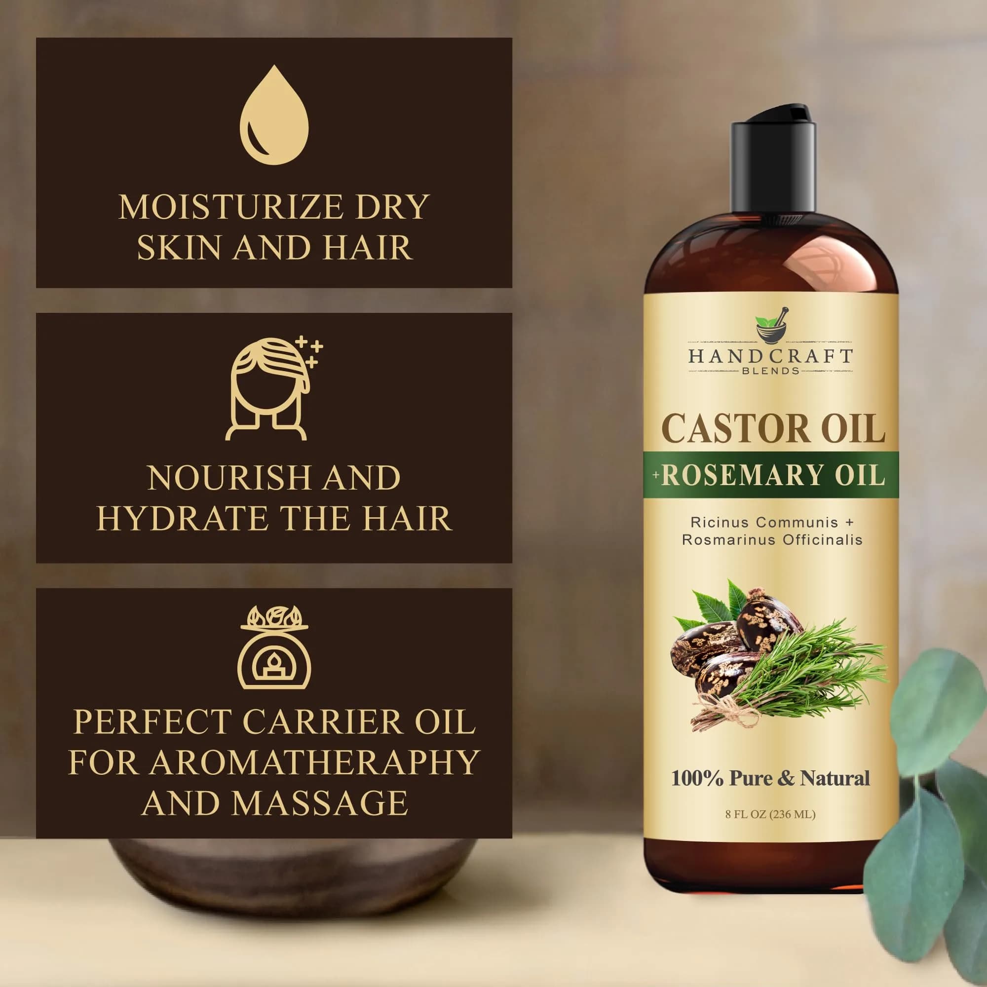 Handcraft Blends Castor Oil with Rosemary Oil 237ml (8 Fl Oz) | Pure & Natural Carrier Oil for Hair, Skin, Lashes - view 4