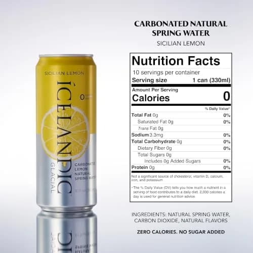 Icelandic Glacial Sparkling Water, Sicilian Lemon, 330mL | Naturally Low Mineral & Alkaline pH 8.4 thumbnail 2