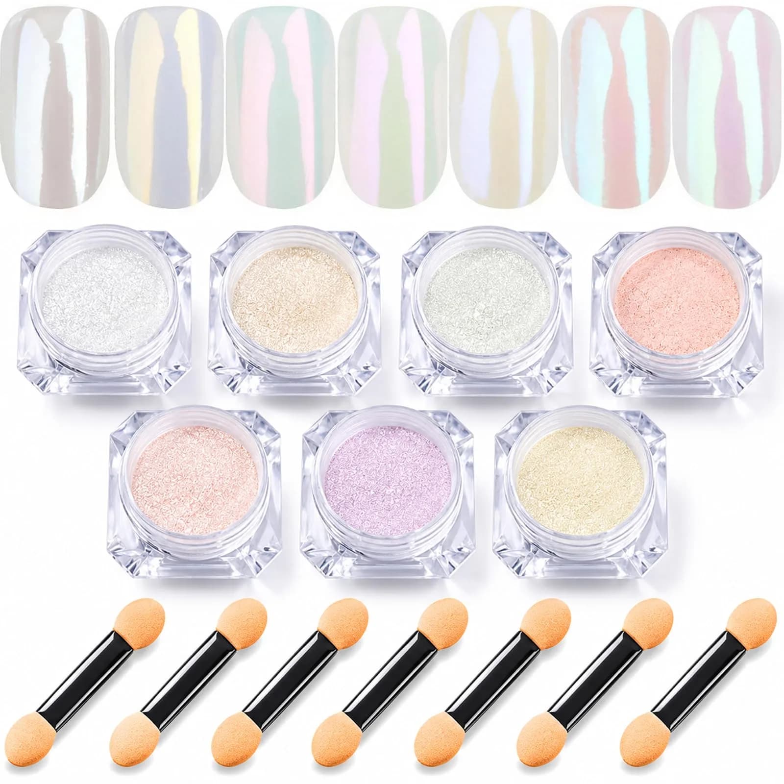 Lingyun 7 Colors White Pearl Chrome Nail Powder Set, Holographic Mermaid Effect Pigment | Nail Art Gift for Women — 7 Colors White Pearl
