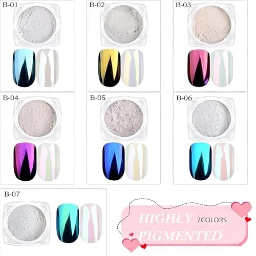 Lingyun 7 Colors White Pearl Chrome Nail Powder Set, Holographic Mermaid Effect Pigment | Nail Art Gift for Women thumbnail 5