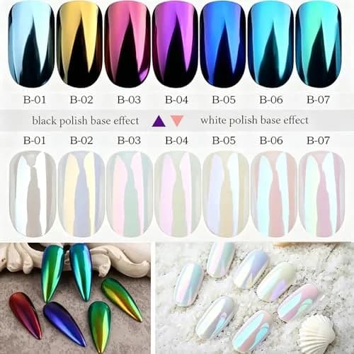 Lingyun 7 Colors White Pearl Chrome Nail Powder Set, Holographic Mermaid Effect Pigment | Nail Art Gift for Women thumbnail 6