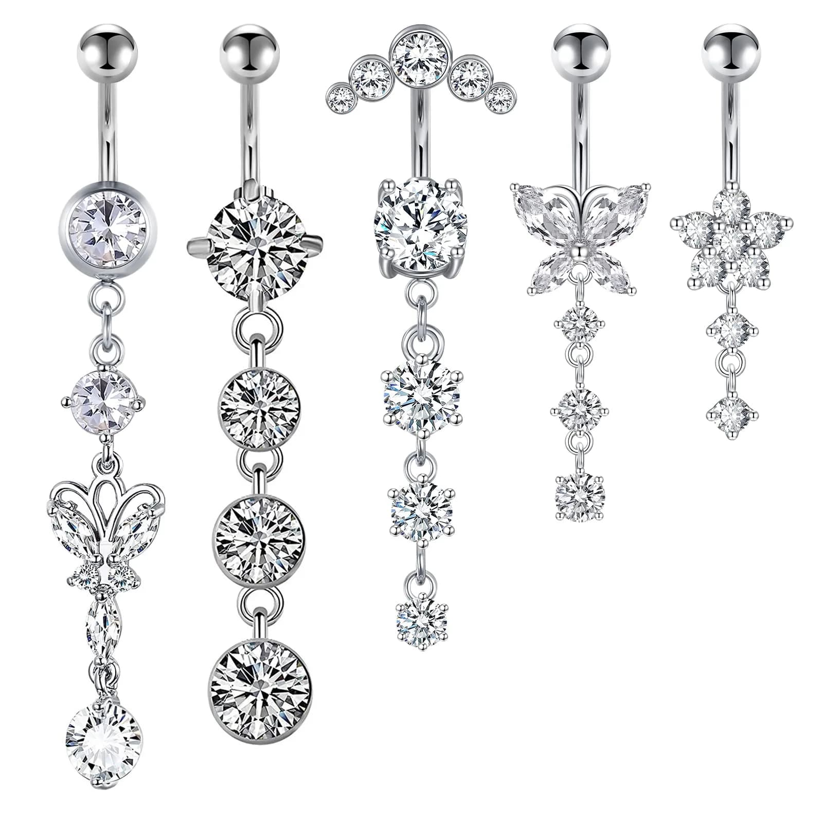 LAURITAMI 14G Dangle Belly Button Rings Surgical Steel CZ Silver Rose Gold | Lightweight & Secure
