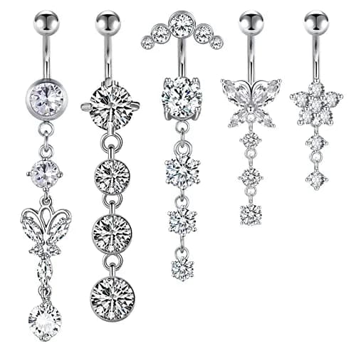 LAURITAMI 14G Dangle Belly Button Rings Surgical Steel CZ Silver Rose Gold | Lightweight & Secure thumbnail 1