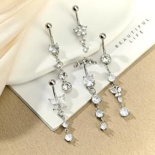 LAURITAMI 14G Dangle Belly Button Rings Surgical Steel CZ Silver Rose Gold | Lightweight & Secure thumbnail 10