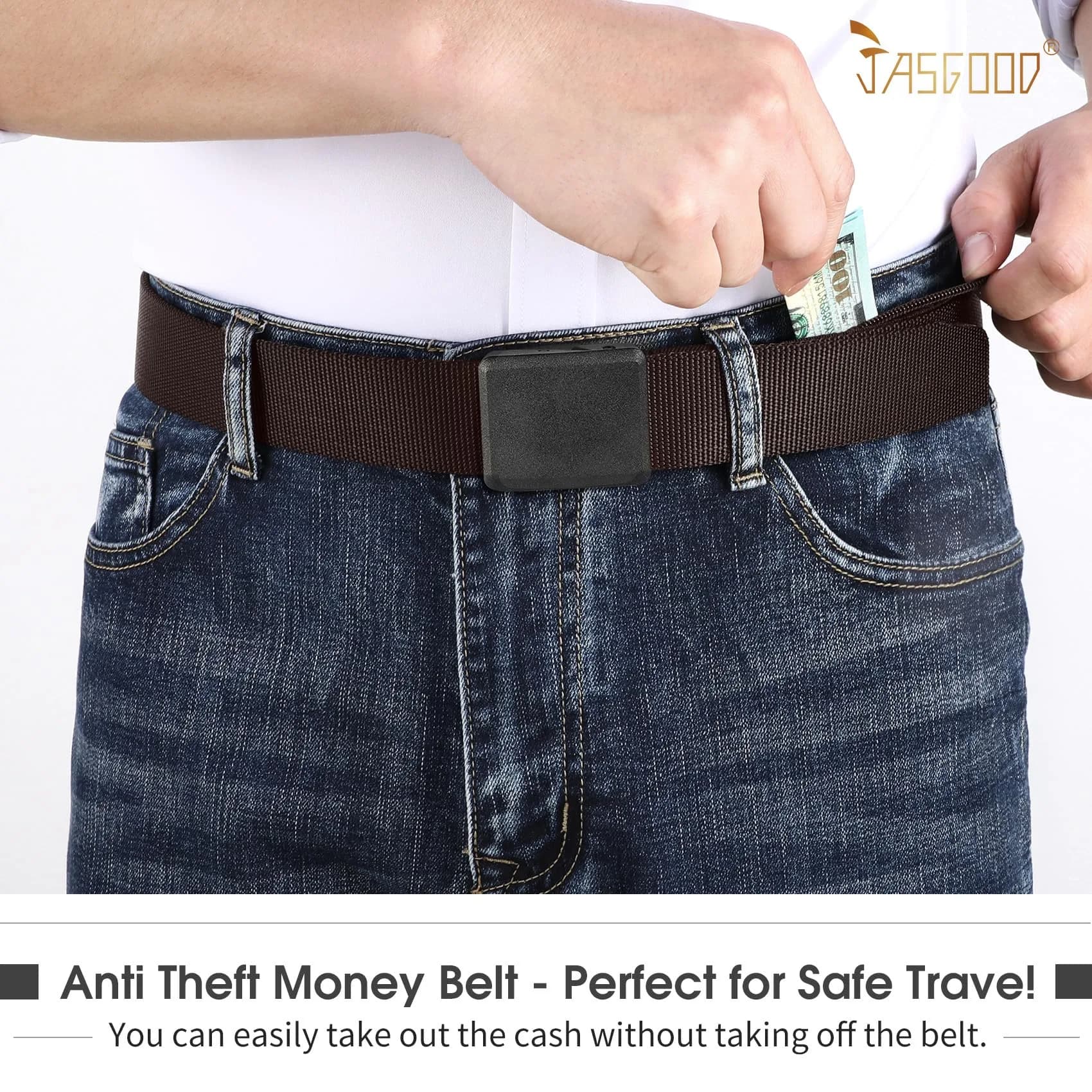 JASGOOD Dark Brown-b Travel Security Money Belt for Pant Sizes 31-37" with Hidden Pocket - view 2