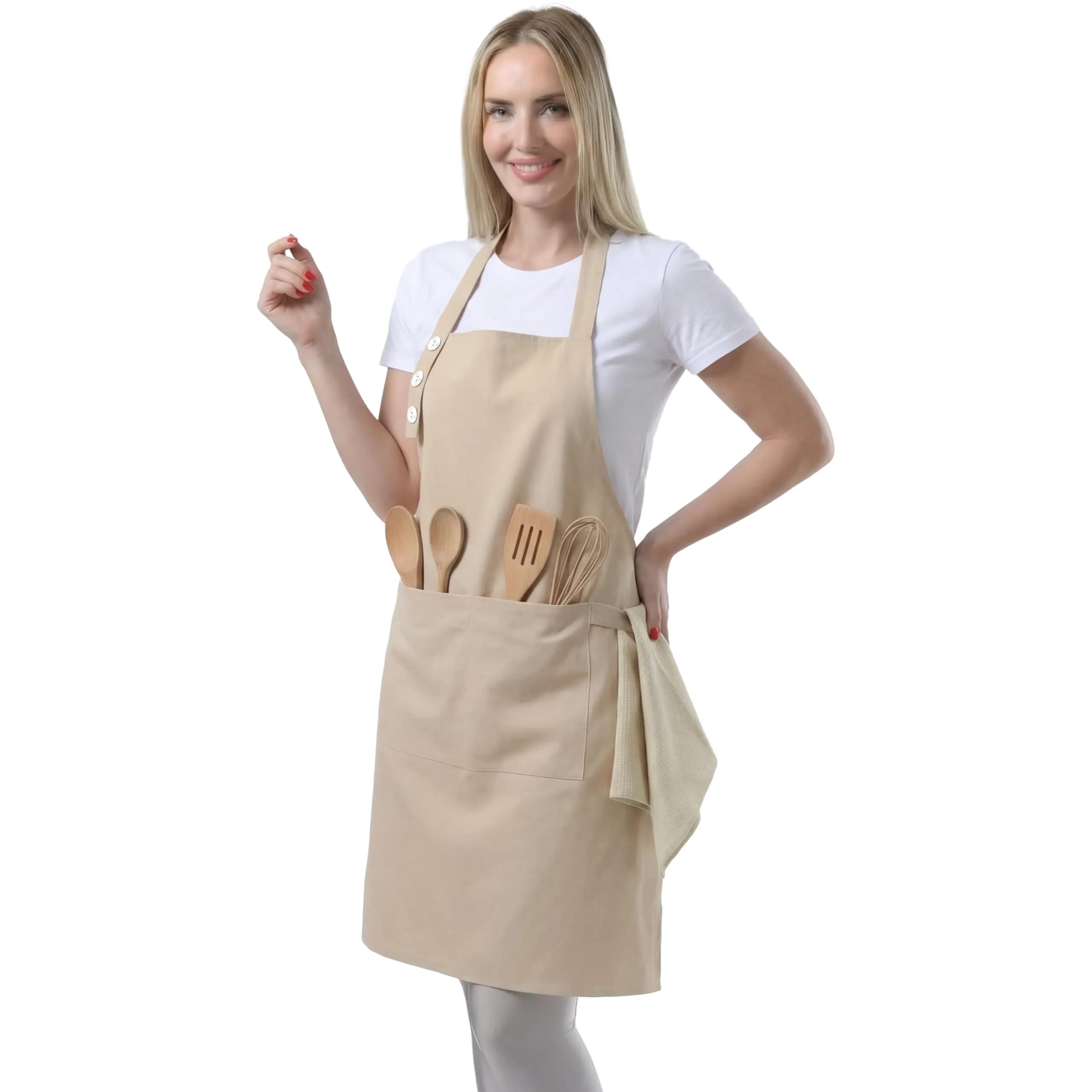 TOSHE Kitchen Apron for Women & Men Waterdrop Resistant, Adjustable Button | Water-Resistant Cotton Blend Apron — Beige