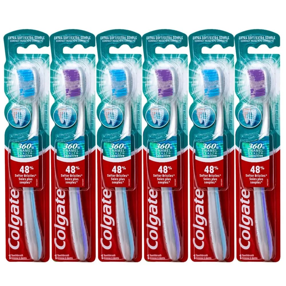 Colgate 360 Enamel Health Sensitive Toothbrush, Compact Head, Extra Soft - Pack of 6 | 48% Softer Bristles for Sensitive Teeth & Gums — Multicolor