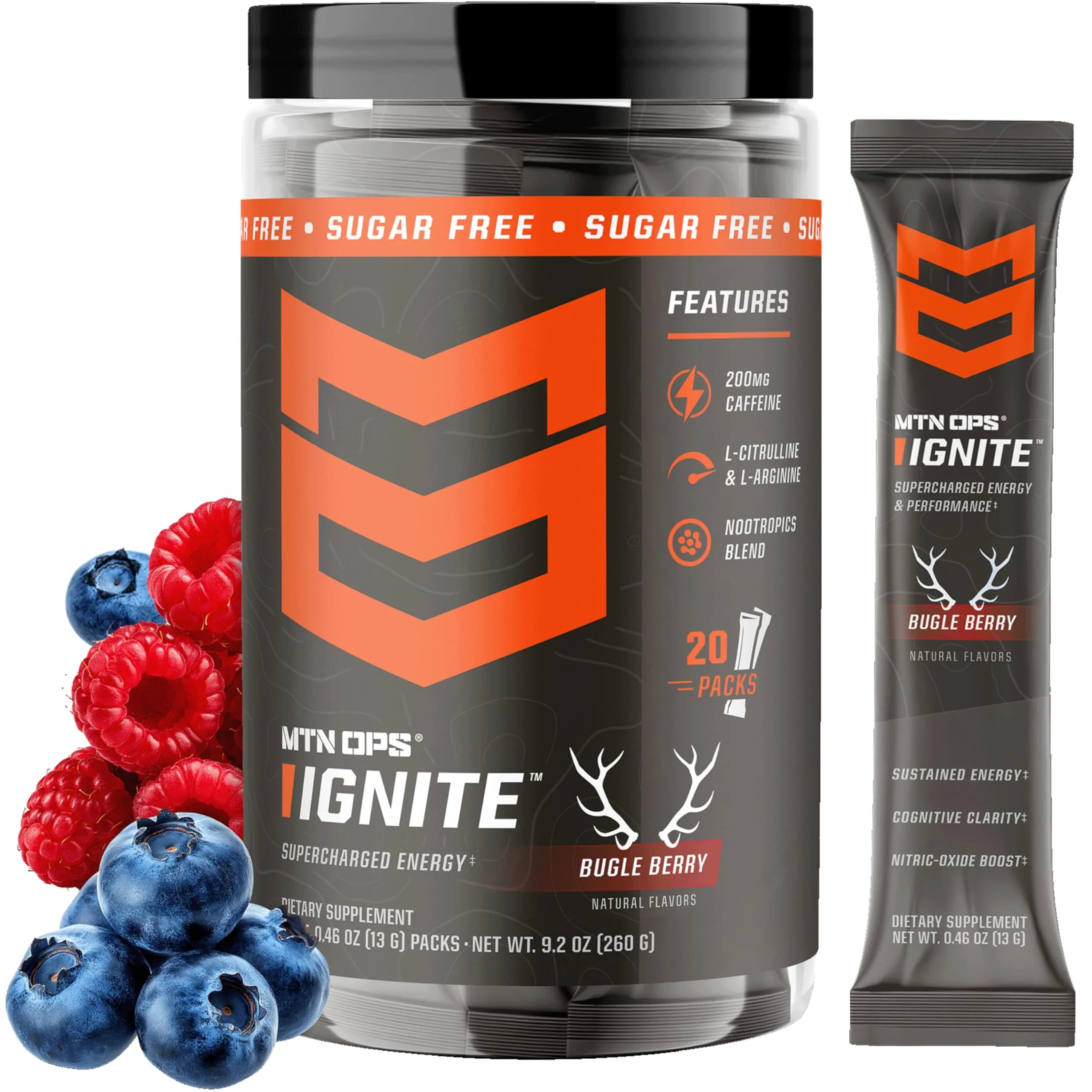 MTN OPS Ignite Energy Powder, Zero Sugar, Bugle Berry | Long-Lasting Focus & Endurance (70-120 chars)