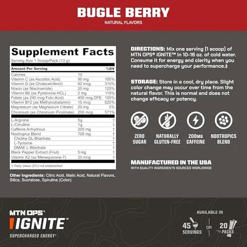 MTN OPS Ignite Energy Powder, Zero Sugar, Bugle Berry | Long-Lasting Focus & Endurance (70-120 chars) thumbnail 2