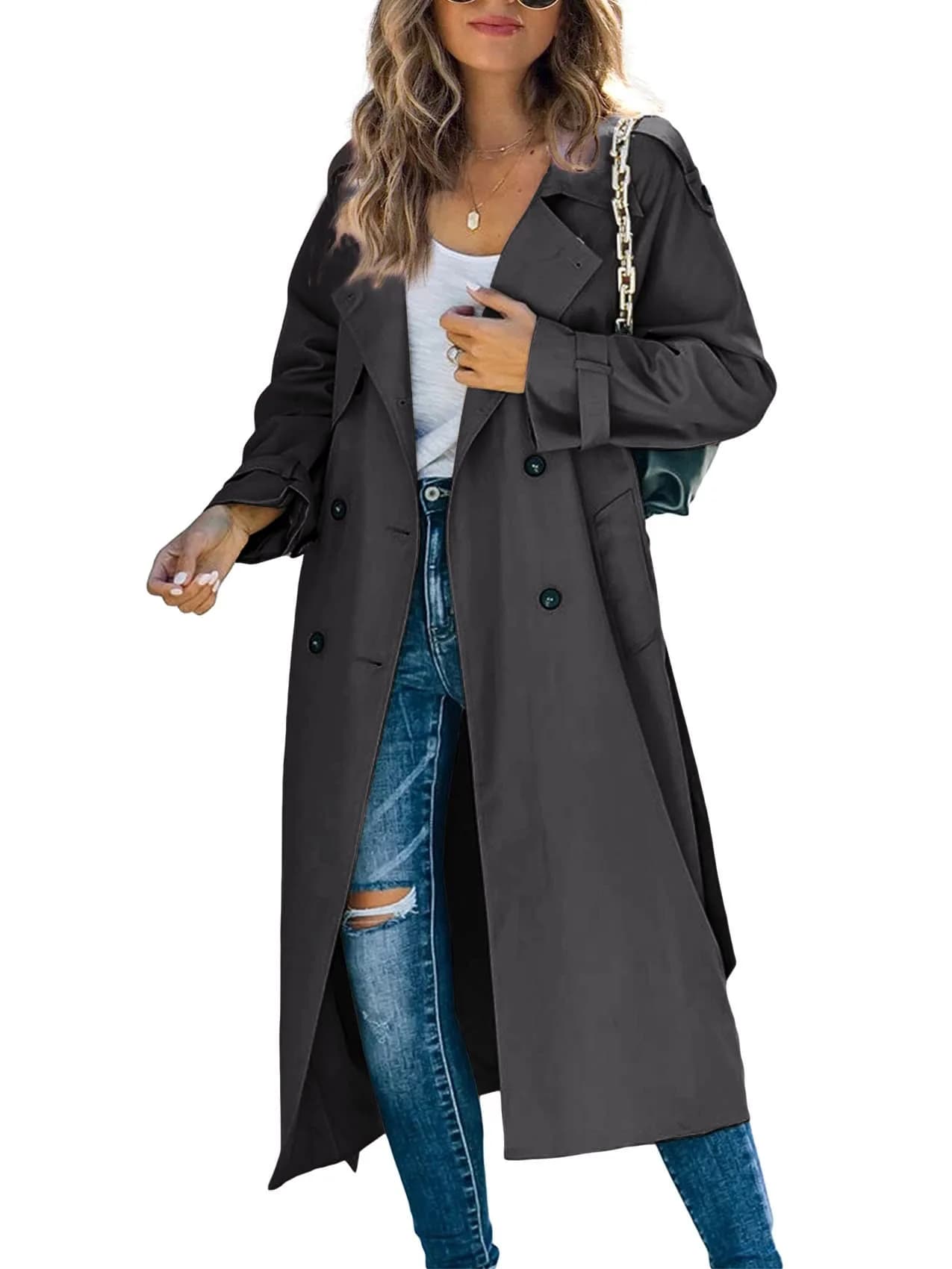 Makkrom Women's Double Breasted Long Trench Coat Classic Lapel Slim Windproof Overcoat with Belt | Elegant & Windproof (70-120 chars)