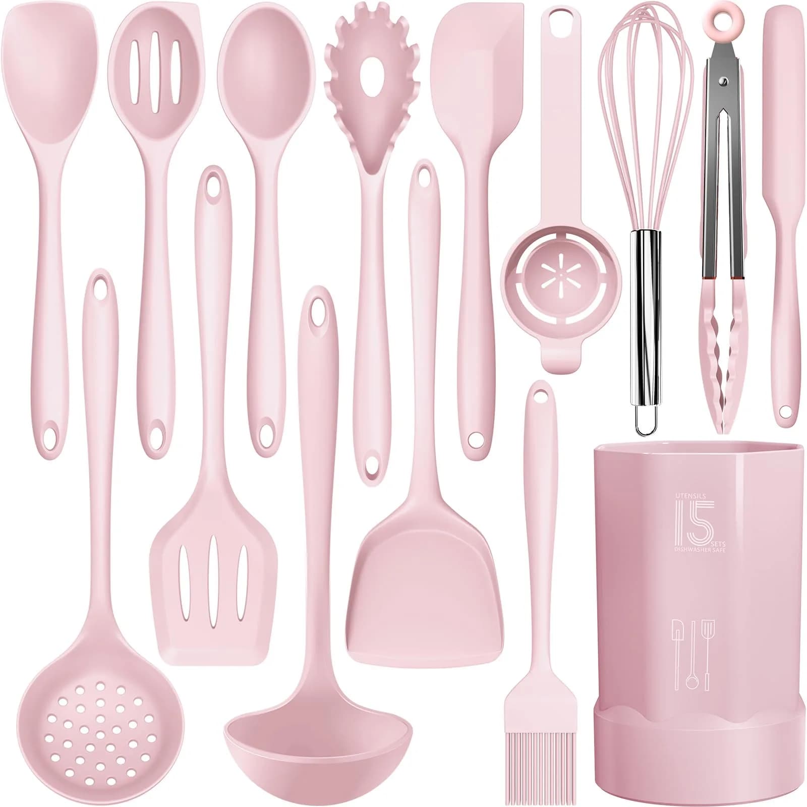 AOTHOD Silicone Cooking Utensils Set - 446°F Heat Resistant Kitchen Gadgets, Spatula, Spoon, Dishwasher Safe (Cream White) — Pink