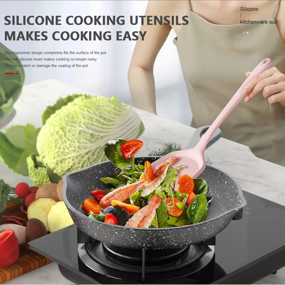 AOTHOD Silicone Cooking Utensils Set - 446°F Heat Resistant Kitchen Gadgets, Pink | Nonstick Friendly, Dishwasher Safe thumbnail 7