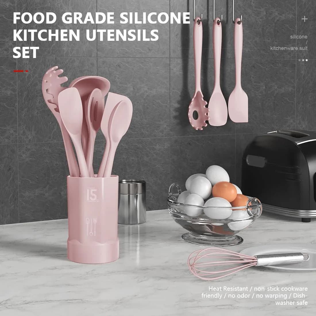 AOTHOD Silicone Cooking Utensils Set - 446°F Heat Resistant Kitchen Gadgets, Pink | Nonstick Friendly, Dishwasher Safe thumbnail 2