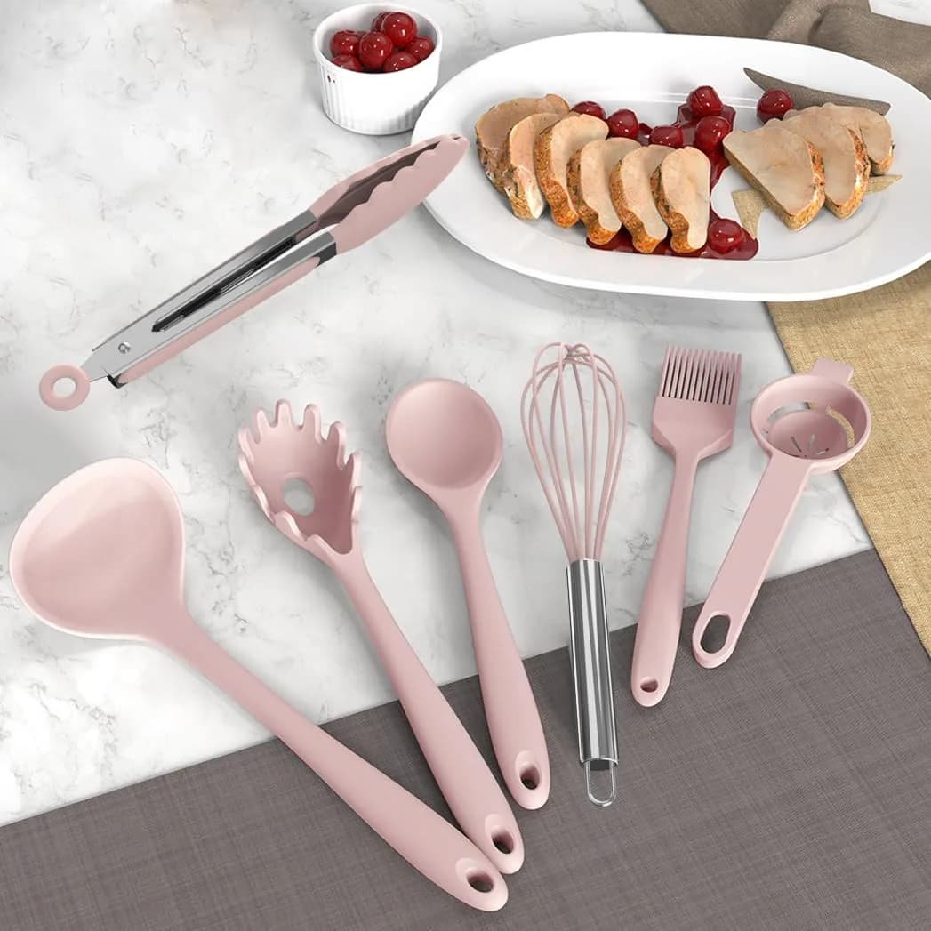 AOTHOD Silicone Cooking Utensils Set - 446°F Heat Resistant Kitchen Gadgets, Pink | Nonstick Friendly, Dishwasher Safe thumbnail 3