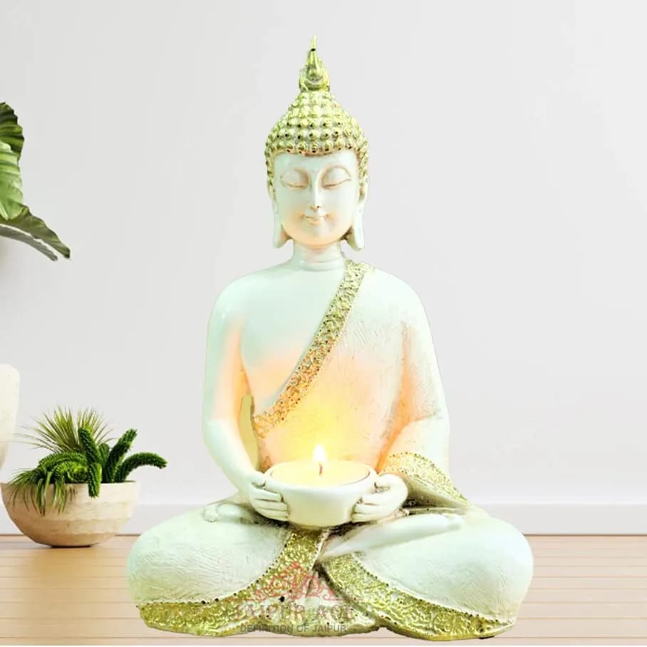 JAIPUR ACE Buddha Sitting with Tea Light Idol 18cm (7.09 inches) | Classic Home Decor Sculpture — Black,green