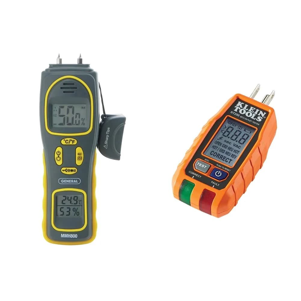 General Tools 4-in-1 Pin/Pinless Moisture & Mold Detector | Dual LCD & Alarm, 5-50% Wood, 1.5-33% Building Materials, 9V Battery — Black