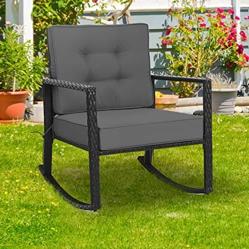 RELAX4LIFE Wicker Outdoor Rocking Chair - All Weather Rattan Patio Chair with Steel Frame & Removable Cushions (26.5x36x33 inches | Grey) thumbnail 9