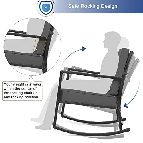 RELAX4LIFE Wicker Outdoor Rocking Chair - All Weather Rattan Patio Chair with Steel Frame & Removable Cushions (26.5x36x33 inches | Grey) thumbnail 3