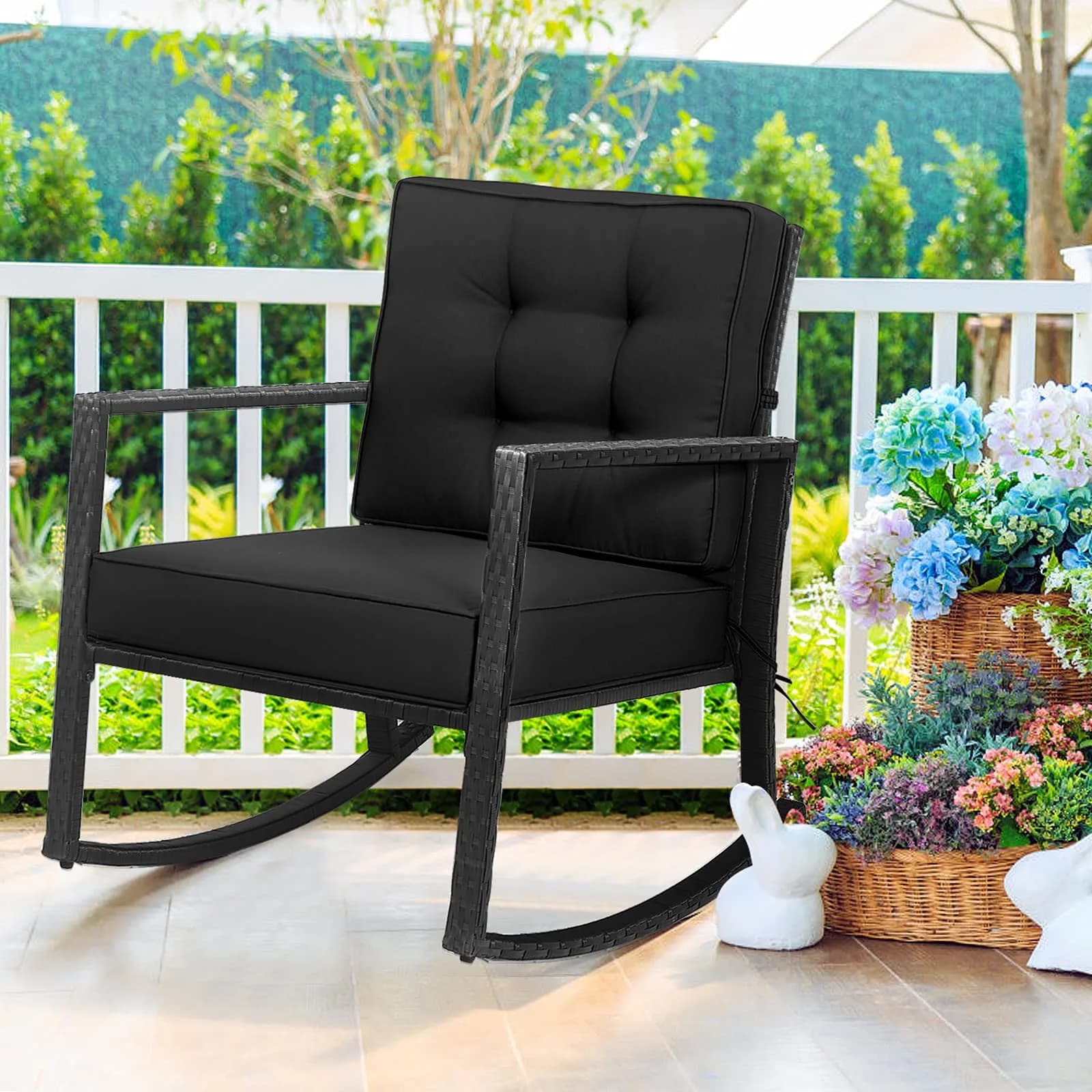 RELAX4LIFE Wicker Outdoor Rocking Chair - All Weather Rattan Rocker Patio Chair w/Steel Frame Removable Cushions & Armrest, Rocker Chair Outdoor Furniture for Backyard Porch Poolside (1, Black)