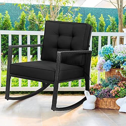 RELAX4LIFE Wicker Outdoor Rocking Chair - All Weather Rattan Rocker Patio Chair w/Steel Frame Removable Cushions & Armrest, Rocker Chair Outdoor Furniture for Backyard Porch Poolside (1, Black) thumbnail 1