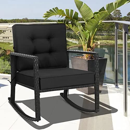 RELAX4LIFE Wicker Outdoor Rocking Chair - All Weather Rattan Rocker Patio Chair w/Steel Frame Removable Cushions & Armrest, Rocker Chair Outdoor Furniture for Backyard Porch Poolside (1, Black) thumbnail 4