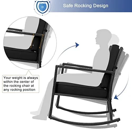 RELAX4LIFE Wicker Outdoor Rocking Chair - All Weather Rattan Rocker Patio Chair w/Steel Frame Removable Cushions & Armrest, Rocker Chair Outdoor Furniture for Backyard Porch Poolside (1, Black) thumbnail 3