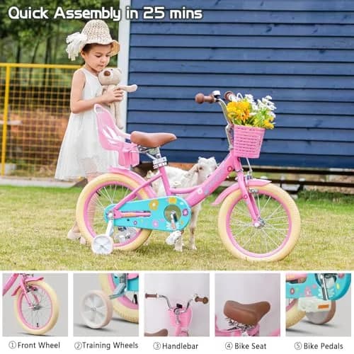 Glerc Maggie Girls Bike, 16 Inch Kids Bike for 4-7 Years Old Children, Princess Style Kids Bicycle with Doll-Seat & Basket & Training Wheels, Pink | Princess Style Kids Bicycle thumbnail 6