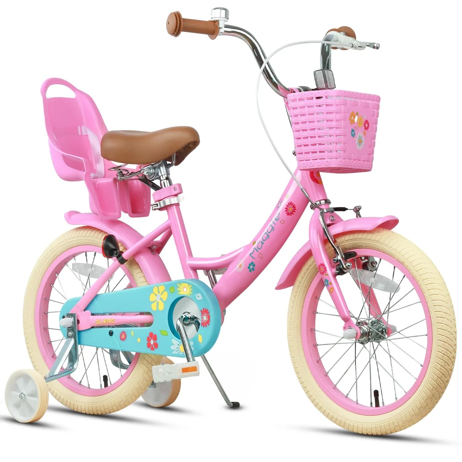 Glerc Maggie Girls Bike, 16 Inch Kids Bike for 4-7 Years Old Children, Princess Style Kids Bicycle with Doll-Seat & Basket & Training Wheels, Pink | Princess Style Kids Bicycle