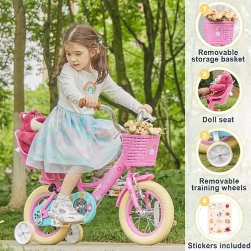Glerc Maggie Girls Bike, 16 Inch Kids Bike for 4-7 Years Old Children, Princess Style Kids Bicycle with Doll-Seat & Basket & Training Wheels, Pink | Princess Style Kids Bicycle thumbnail 2